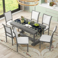 Alcott Hill 7-Piece Dining Table With 4 Trestle Base And 6 Upholstered Chairs With Slightly Curve And Ergonomic Seat Bac