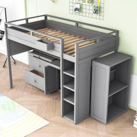 Harriet Bee Elvira Twin Size Wood Loft Bed with Rolling Cabinet and Desk