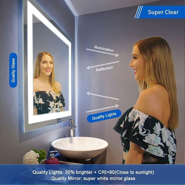 Front Framed LED Bathroom Mirror H=36 In ( W= 48 & 55 ) w Touch Button, Anti Fog, Dimmable, Vertical & Horiz Mount in Floors & Walls - Image 4