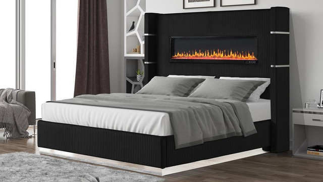 Spring Sale!!  Beautiful Grey Upholstered bed with Builtin Fireplace place &amp; Bluetooth speaker in Beds & Mattresses in Edmonton Area - Image 4