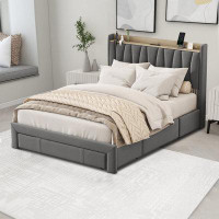 Latitude Run® Bed Frame with three steel drawers, Storage Headboard with Charging Station