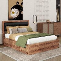 Millwood Pines Queen Size Wood Platform Bed With Upholstered Headboard