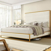 Mercer41 Mercer41 Queen Size 54.5" Tall Bed Frame, Modern Velvet Upholstered Platform Bed With Metal Frame, Off-White