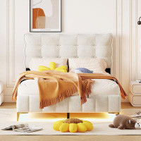 Wrought Studio Velvet Platform Bed with LED Frame and Stylish Mental Bed Legs