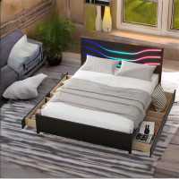 Latitude Run® Queen Size Wood Storage Platform Bed With Led And 4 Drawers