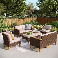 Lark Manor 8-Piece Wicker Outdoor Patio Furniture Set, Stylish Rattan Sectional Patio Set with Beige Cushions