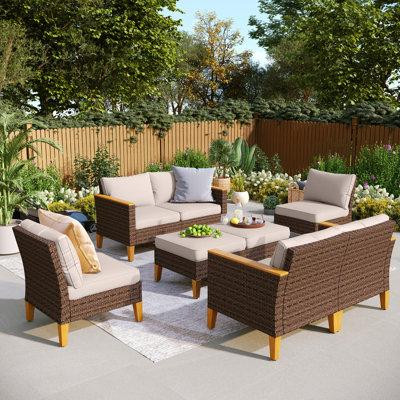 Lark Manor 8-Piece Wicker Outdoor Patio Furniture Set, Stylish Rattan Sectional Patio Set with Beige Cushions in Patio & Garden Furniture