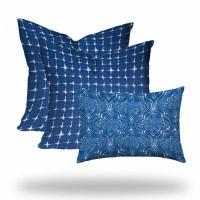 HomeRoots Set Of Three 20" X 20" Blue And White Blown Seam Gingham Throw Indoor Outdoor Pillow
