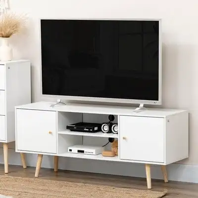 Minimalistic Media Console TV Cabinet Stand Entertainment Centre Unit w Storage Shelves, White