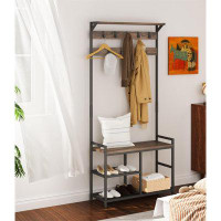 17 Stories Coat Rack Shoe Bench, Hall Tree Entryway Bench With Storage, Wood Look Accent Furniture With Metal Frame, Dar