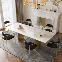 Everly Quinn Santrez 7 - Piece 94.48" Extendable Sintered Stone Dining Table with 6 Fabric Chairs Dining Set