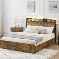 Latitude Run® Vintage Brown LED Bed Frame With Storage Headboard And 6 Drawers