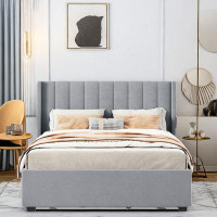 Latitude Run® Queen Size Upholstered Bed With 4 Drawers And Wing Back Headboard