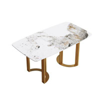 Everly Quinn 70.87"Modern Artificial Stone Black Curved Golden Metal Leg Dining Table-Can Accommodate 6-8 People