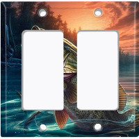 WorldAcc Metal Light Switch Plate Outlet Cover (Fishing Sea Bass River Sunset Man Cave - Double Rocker)