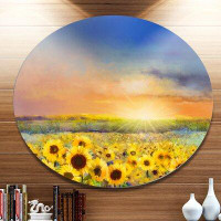 Design Art 'Sunset over Golden Sunflower Field' Oil Painting Print on Metal