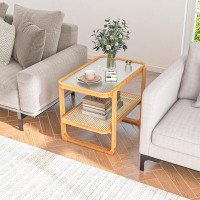 Bay Isle Home™ Bay Isle Home™ 2-tier Bamboo Side Table W/ Glass Top End Table W/ Pe Rattan Shelf Home Sofa Side Table W/