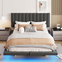 Mercer41 Queen Size Upholstered Floating Bed With LED Light And USB Port, Velvet  Hydrualic Platform Bed