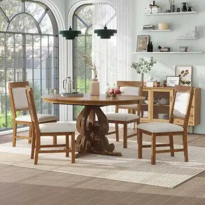 Retro Style: The retro functional dining set comprises one extendable dining table and four matching...