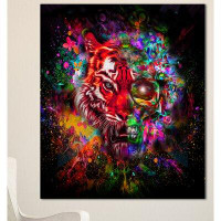 Made in Canada - Design Art 'Colourful Tiger Head with Half Skull' Graphic Art on Wrapped Canvas