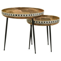 Foundry Select 2 Piece Nesting Tables With Inlaid Bone Detail Design, Mango Wood, Brown