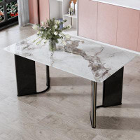 Brayden Studio Modern Minimalist Rectangular Dining Table, White Imitation Marble Tabletop, MDF Table Legs With Gold Met