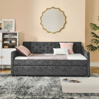 Red Barrel Studio Grey Upholstered Full Size Daybed With Waved Shape Arms And Twin Size Trundle - Elegant Tufted Sofa Be