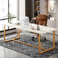 Mercer41 6FT Conference Table, 70.8’’L X 31.5’’W Meeting Room Table With Gold Metal Base, Modern Large Computer Writing