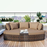 Latitude Run® 6-Piece Outdoor Conversation Round Sofa Set with PE Wicker Rattan and Coffee Table