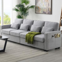 Latitude Run® 4-Seater Linen Sofa with Armrest Pockets and 4 Pillows, Couch for Living Room