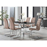 East Urban Home Tierra Modern Glass & Metal Extendable Dining Table Set & 6 Luxury Faux Leather Dining Chairs