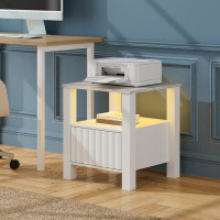 Ebern Designs End Side Table With Yellow LED Lights, White Modern Nightstand With Storage Cabinet& Open Shelf, Wood Beds