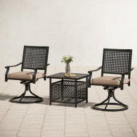 Lark Manor 3 Person Patio Outdoor Dining Bistro Set With Coffee Table And Swivel Dining Chairs With Arms