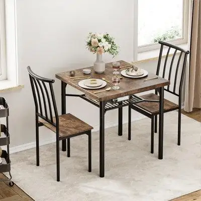 17 Stories Dining Table Set, Kitchen Table And Chairs For 2 With Wine Rack, 3 Piece Metal And Wood Square Dining Room Ta