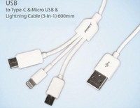 Pisen 3-in-1 Multi-function USB to Lightning 8-Pin, Micro USB and Type C Charging Data Cable - 1000mm - White