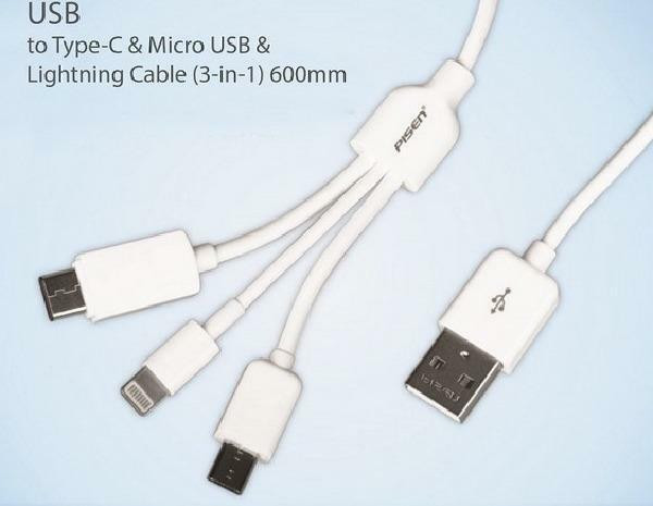 Pisen 3-in-1 Multi-function USB to Lightning 8-Pin, Micro USB and Type C Charging Data Cable - 1000mm - White in Cell Phone Accessories in Greater Montréal