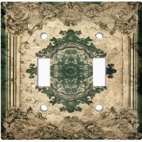 WorldAcc Metal Light Switch Plate Outlet Cover (Elegant Biege Damask Green - Double Toggle)