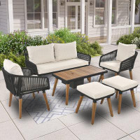 Corrigan Studio 6-piece Rope Patio Furniture Set, Outdoor Furniture With Acacia Wood Cool Bar Table With Ice Bucket , De