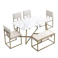 Mercer41 Modern Faux Marble 6-Piece Dining Table Set with Upholstered Dining Chairs and Bench