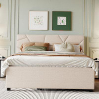 Latitude Run® Upholstered Platform Bed With Brick Pattern Headboard And Trundle, Linen Fabric