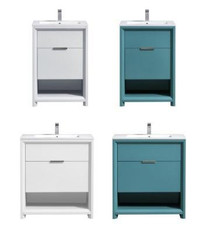 24 and 32 Inch 2 Drawer Vanity in High Gloss White or Teal Green  ( Depth is 20.43 Inch ) w Acrylic Composite Countertop