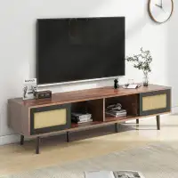 Bay Isle Home™ Mid Century Modern Tv Stand For Tvs Up To 70" With Rattern Sliding Doors - Stylish Media Console For Livi