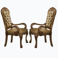 Wenty 24 Inch Wide Dining Chair, Vegan Faux Leather, Set Of 2, Beige, Gold
