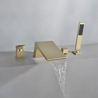 Homary Waterfall Deck-Mount 4-Hole Bath Tap With Handshower In Brushed Gold