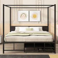 17 Stories Queen Size Metal Canopy Platform Bed With Twin Size Trundle And 3 Storage Drawers
