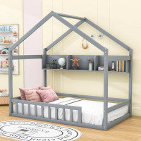 Harper Orchard Landulf Wood House Bed with Storage Shelf and Roof