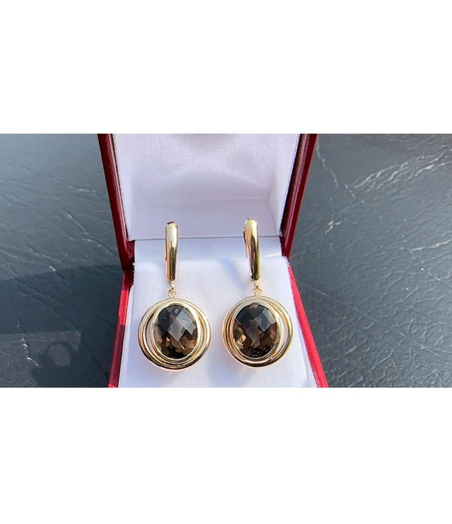 #408 - 14k Yellow Gold, Oval Smoky Quartz Custom Earrings dans Bijoux et montres - Image 2