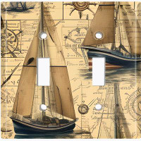WorldAcc Metal Light Switch Plate Outlet Cover (Rustic Sail Boat Nautical Map - Double Toggle)