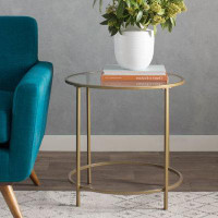 Everly Quinn Round Glass Top End Table Nightstand With Gold Metal Frame