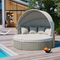 wendeway Patio Furniture Round Outdoor Sectional Sofa Set Rattan Daybed Two-Tone Weave Sunbed With Retractable Canopy
